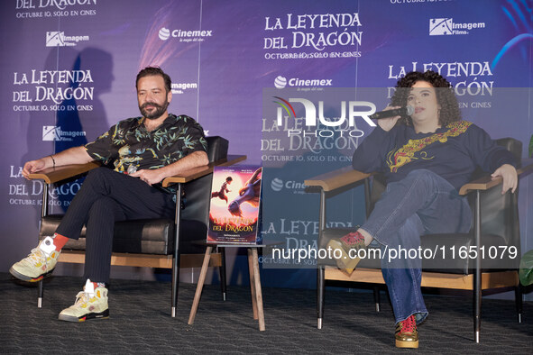 Miguel Burra and Lucero Mijares speak during a press conference to promote the animated film 'La Leyenda del Dragon' at Cinemex Artz Pedrega...