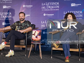 Miguel Burra and Lucero Mijares speak during a press conference to promote the animated film 'La Leyenda del Dragon' at Cinemex Artz Pedrega...