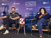 Miguel Burra and Lucero Mijares speak during a press conference to promote the animated film 'La Leyenda del Dragon' at Cinemex Artz Pedrega...