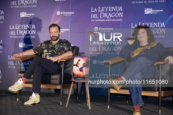 Miguel Burra and Lucero Mijares speak during a press conference to promote the animated film 'La Leyenda del Dragon' at Cinemex Artz Pedrega...