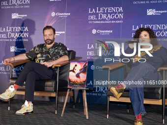 Miguel Burra and Lucero Mijares speak during a press conference to promote the animated film 'La Leyenda del Dragon' at Cinemex Artz Pedrega...