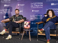 Miguel Burra and Lucero Mijares speak during a press conference to promote the animated film 'La Leyenda del Dragon' at Cinemex Artz Pedrega...