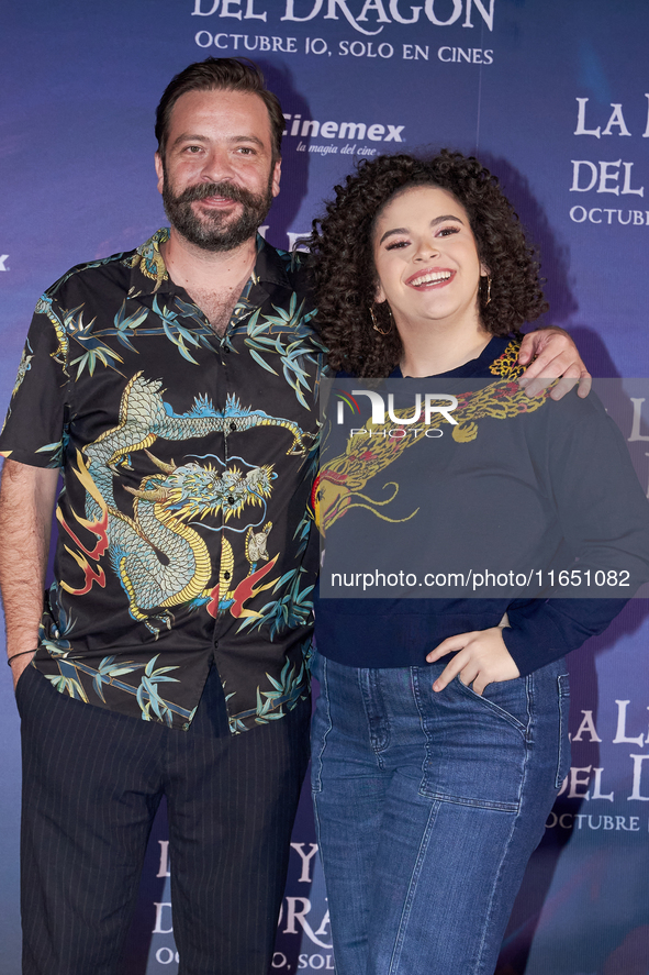 Miguel Burra and Lucero Mijares pose for photos during a press conference to promote the animated film 'La Leyenda del Dragon' at Cinemex Ar...