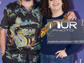 Miguel Burra and Lucero Mijares pose for photos during a press conference to promote the animated film 'La Leyenda del Dragon' at Cinemex Ar...