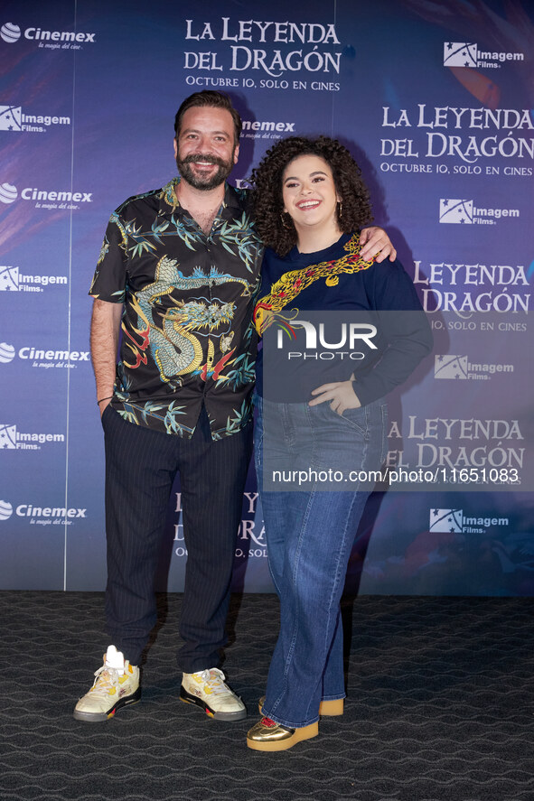 Miguel Burra and Lucero Mijares pose for photos during a press conference to promote the animated film 'La Leyenda del Dragon' at Cinemex Ar...