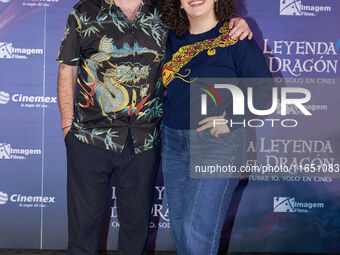 Miguel Burra and Lucero Mijares pose for photos during a press conference to promote the animated film 'La Leyenda del Dragon' at Cinemex Ar...