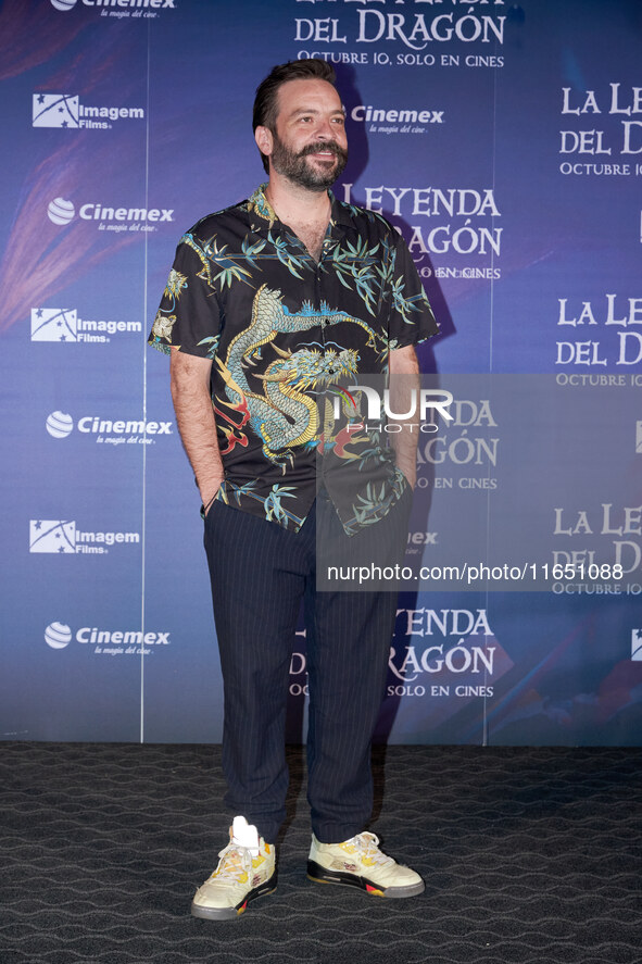 Miguel Burra poses for photos during a press conference to promote the animated film 'La Leyenda del Dragon' at Cinemex Artz Pedregal in Mex...