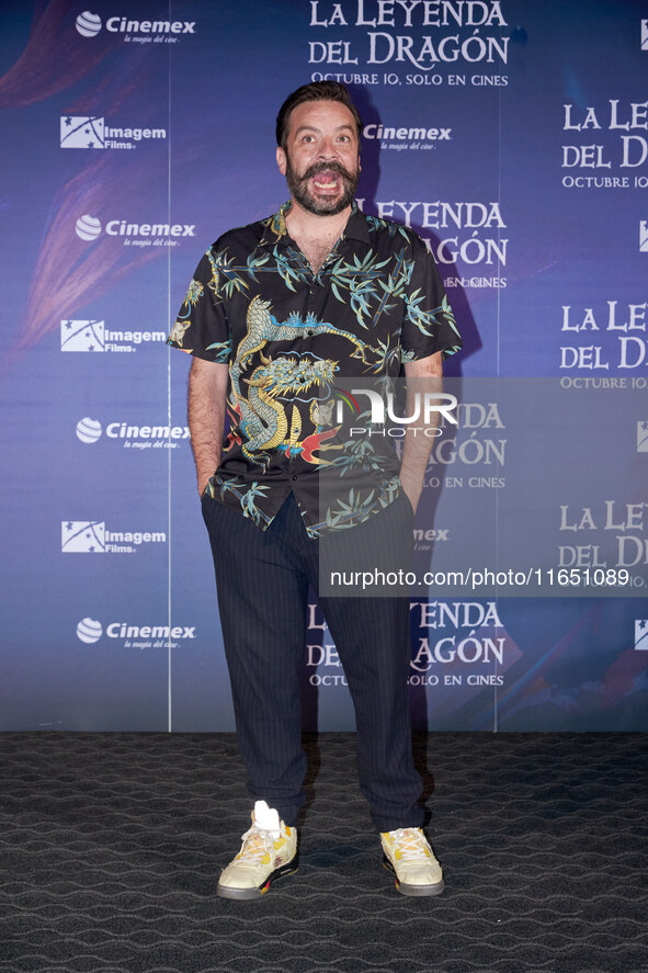 Miguel Burra poses for photos during a press conference to promote the animated film 'La Leyenda del Dragon' at Cinemex Artz Pedregal in Mex...