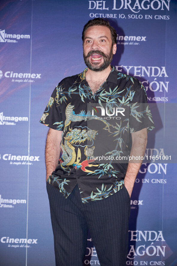 Miguel Burra poses for photos during a press conference to promote the animated film 'La Leyenda del Dragon' at Cinemex Artz Pedregal in Mex...