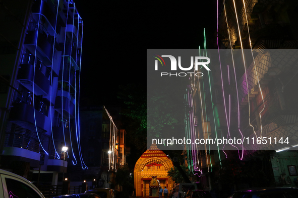 The street lighting decoration during the Durga Puja festival in Kolkata, India, on October 8, 2024. The five-day Durga Puja festival commem...