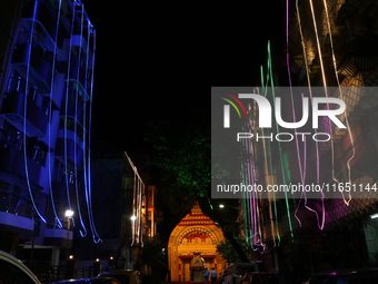 The street lighting decoration during the Durga Puja festival in Kolkata, India, on October 8, 2024. The five-day Durga Puja festival commem...