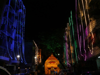 The street lighting decoration during the Durga Puja festival in Kolkata, India, on October 8, 2024. The five-day Durga Puja festival commem...