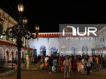 The scene of Sovabazar Royal Palace lighting decoration takes place ahead of the Durga Puja Festival in Kolkata, India, on October 8, 2024....