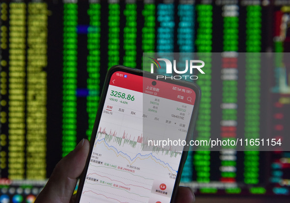 The day's stock index closing point displays on the mobile phone of a citizen in Fuyang, China, on October 9, 2024. 