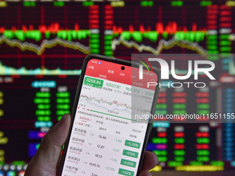 The day's stock index closing point displays on the mobile phone of a citizen in Fuyang, China, on October 9, 2024. (