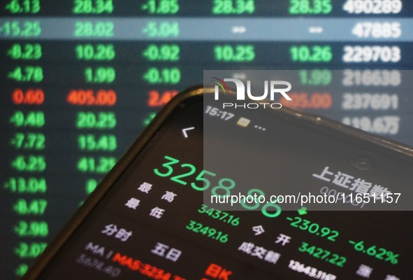 This is the day's stock index closing point displayed on the mobile phone of a citizen in Hangzhou, China, on October 9, 2024. 