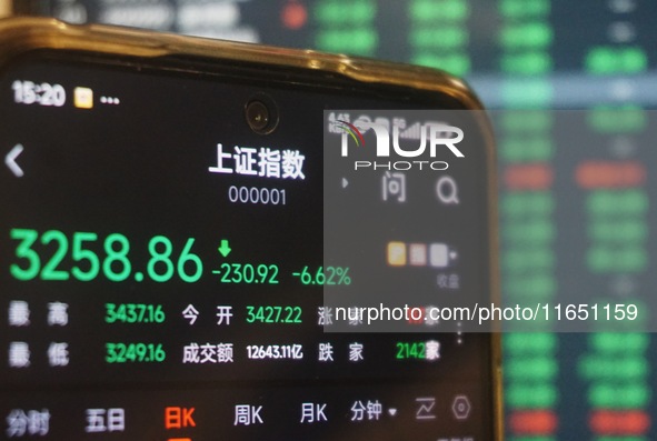 This is the day's stock index closing point displayed on the mobile phone of a citizen in Hangzhou, China, on October 9, 2024. 