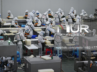 Workers make handmade dumplings in a workshop at a food factory in Suqian, China, on October 9, 2024. (