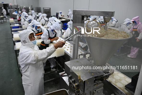 Workers make handmade dumplings in a workshop at a food factory in Suqian, China, on October 9, 2024. 