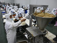 Workers make handmade dumplings in a workshop at a food factory in Suqian, China, on October 9, 2024. (