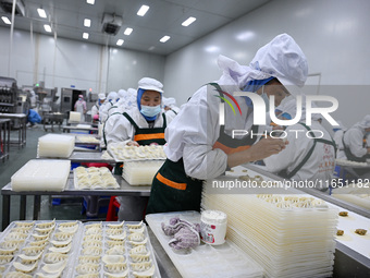 Workers make handmade dumplings in a workshop at a food factory in Suqian, China, on October 9, 2024. (