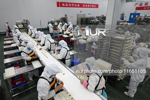 Workers make handmade dumplings in a workshop at a food factory in Suqian, China, on October 9, 2024. 