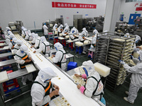 Workers make handmade dumplings in a workshop at a food factory in Suqian, China, on October 9, 2024. (