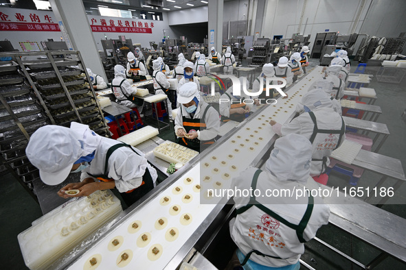 Workers make handmade dumplings in a workshop at a food factory in Suqian, China, on October 9, 2024. 