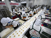 Workers make handmade dumplings in a workshop at a food factory in Suqian, China, on October 9, 2024. (