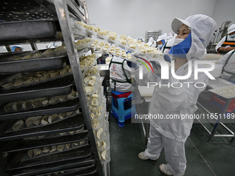 Workers make handmade dumplings in a workshop at a food factory in Suqian, China, on October 9, 2024. (