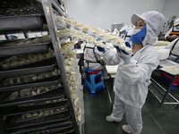 Workers make handmade dumplings in a workshop at a food factory in Suqian, China, on October 9, 2024. (