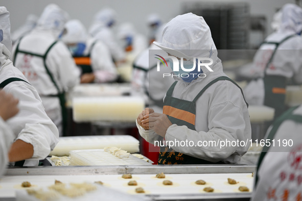 Workers make handmade dumplings in a workshop at a food factory in Suqian, China, on October 9, 2024. 