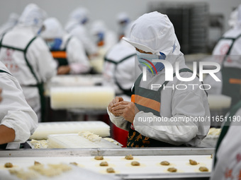 Workers make handmade dumplings in a workshop at a food factory in Suqian, China, on October 9, 2024. (