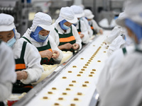 Workers make handmade dumplings in a workshop at a food factory in Suqian, China, on October 9, 2024. (