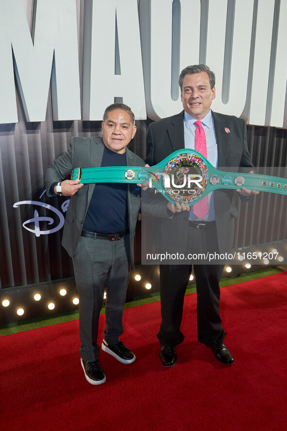 Humberto 'La Chiquita' Gonzalez and Mauricio Sualiman attend the red carpet of the 'La Maquina' film premiere by Disney Plus at Teatro Telce...