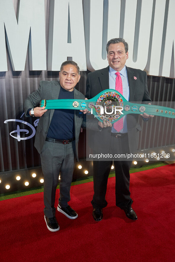 Humberto 'La Chiquita' Gonzalez and Mauricio Sualiman attend the red carpet of the 'La Maquina' film premiere by Disney Plus at Teatro Telce...