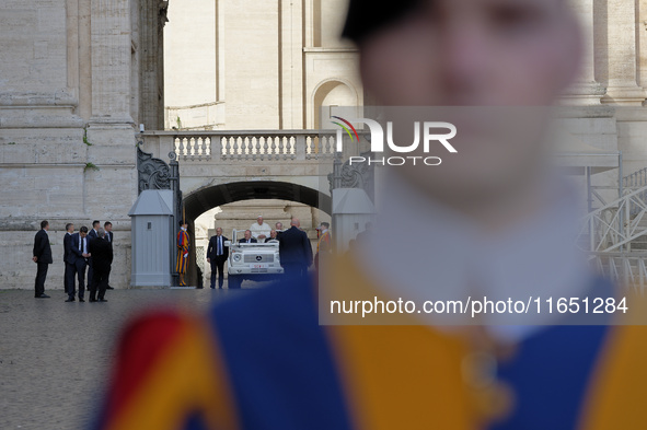 Pope Francis leads the weekly general audience in Saint Peter's Square in Vatican City on October 9, 2024. 