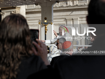 Pope Francis leads the weekly general audience in Saint Peter's Square in Vatican City on October 9, 2024. (