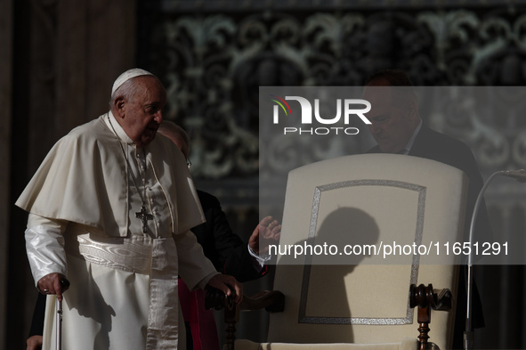 Pope Francis leads the weekly general audience in Saint Peter's Square in Vatican City on October 9, 2024. 