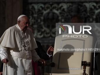 Pope Francis leads the weekly general audience in Saint Peter's Square in Vatican City on October 9, 2024. (