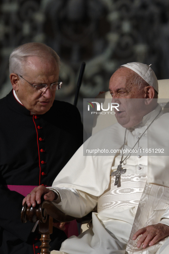 Pope Francis leads the weekly general audience in Saint Peter's Square in Vatican City on October 9, 2024. 