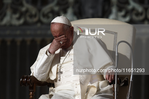 Pope Francis holds his weekly general audience in St. Peter's Square, at the Vatican, on October 9, 2024. 