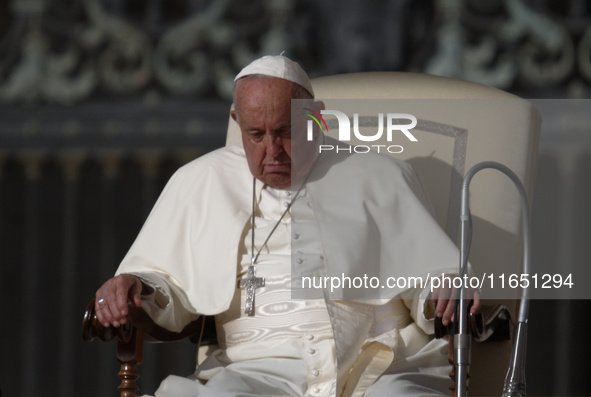 Pope Francis holds his weekly general audience in St. Peter's Square, at the Vatican, on October 9, 2024. 