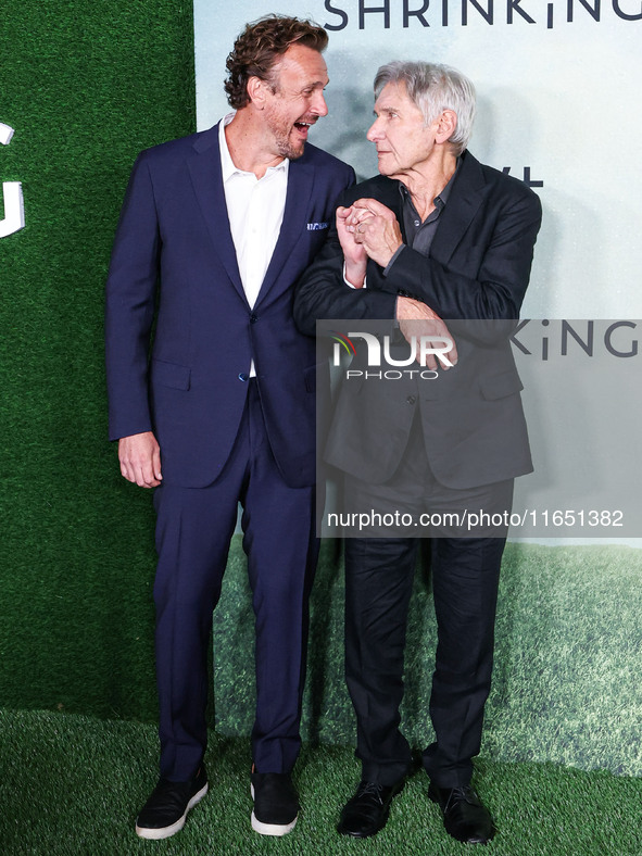 Jason Segel and Harrison Ford arrive at the World Premiere Of Apple TV+ Series' 'Shrinking' Season 2 held at the Pacific Design Center on Oc...