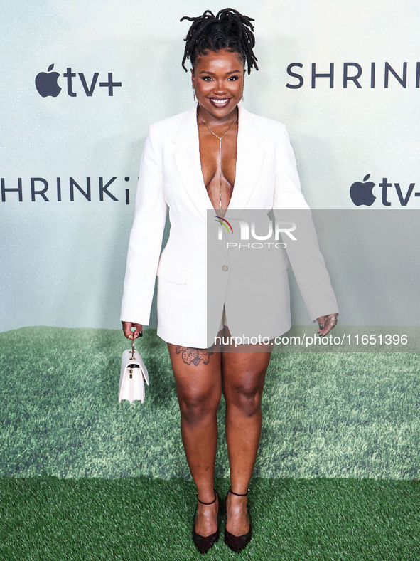 Courtney Taylor arrives at the World Premiere Of Apple TV+ Series' 'Shrinking' Season 2 held at the Pacific Design Center on October 8, 2024...