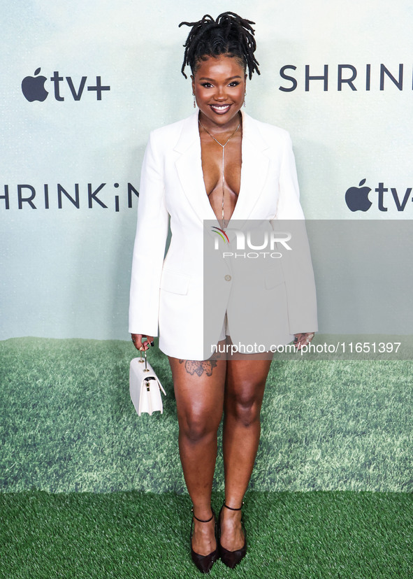 Courtney Taylor arrives at the World Premiere Of Apple TV+ Series' 'Shrinking' Season 2 held at the Pacific Design Center on October 8, 2024...