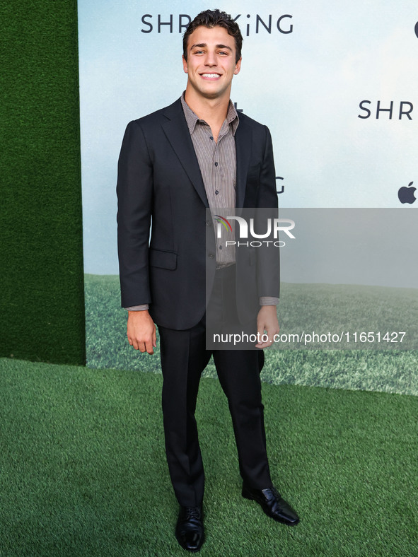 Tanner Zagarino arrives at the World Premiere Of Apple TV+ Series' 'Shrinking' Season 2 held at the Pacific Design Center on October 8, 2024...