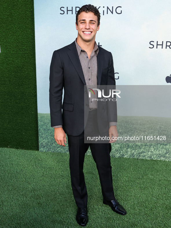 Tanner Zagarino arrives at the World Premiere Of Apple TV+ Series' 'Shrinking' Season 2 held at the Pacific Design Center on October 8, 2024...