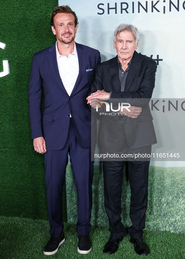 Jason Segel and Harrison Ford arrive at the World Premiere Of Apple TV+ Series' 'Shrinking' Season 2 held at the Pacific Design Center on Oc...