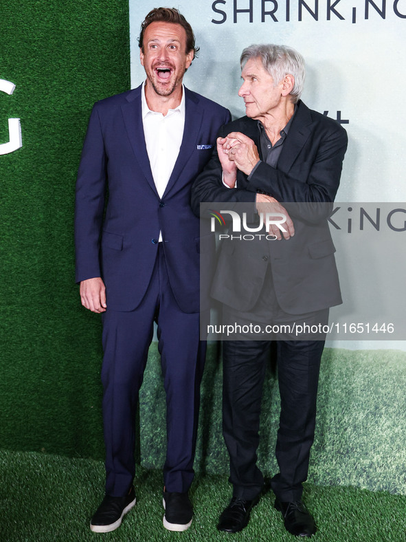 Jason Segel and Harrison Ford arrive at the World Premiere Of Apple TV+ Series' 'Shrinking' Season 2 held at the Pacific Design Center on Oc...